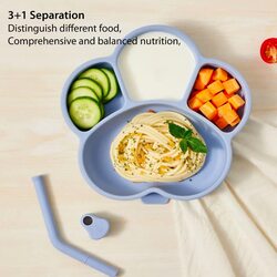 Baby Suction Plates Combo with Silicone Bib, Straw, Spoon and Fork, Divided Portions, Blue