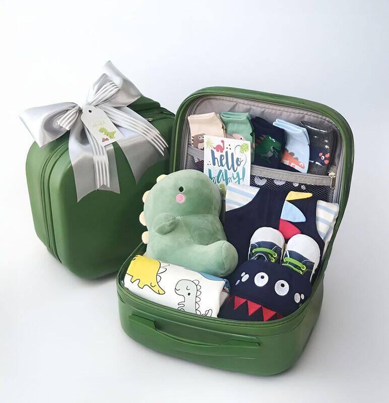 

Generic PUMPKINS Premium Dino-Themed Baby Gift Set - 13-in-1 Newborn Essentials with Rompers, Hat, Socks, Shoes, Plush Dino Toy, Blessing Card & Storage Suitc