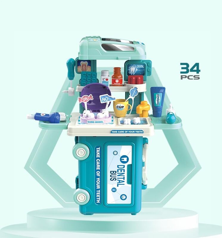 3 in 1 Multifunction 34 Pcs Dental Care Dentist Kit With Pretend Play Set of Teeth And Dental Accessories in Bus Theme For Boys and Girls