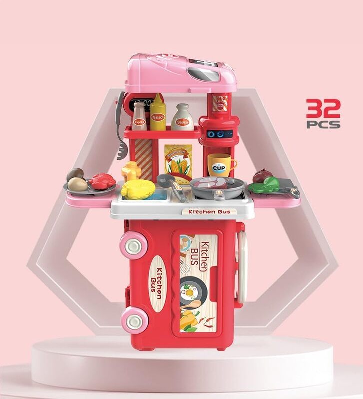 3 in 1 Kitchen Playset with 32 Pcs in Bus Theme - Kitchen Playset Pretend Food for Toddlers Kids, Toy Accessories for Boys and Girls