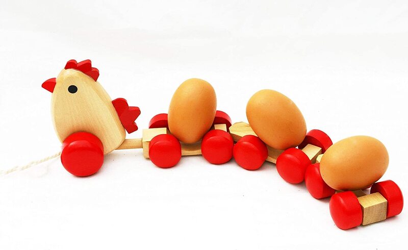 Wooden Pull Along Chicken with 3 Eggs Toys for Baby, 1-5 Years, Multicolour