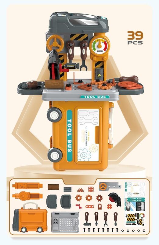 3 in 1 Multifunction 39 Pcs Tool Set Playset Pretend Play Construction Tool Kit in Bus Theme For Creative DIY Educational Construction Toy, STEM Toy for Toddlers Boys Girls