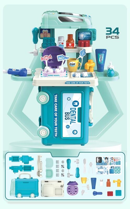 3 in 1 Multifunction 34 Pcs Dental Care Dentist Kit With Pretend Play Set of Teeth And Dental Accessories in Bus Theme For Boys and Girls