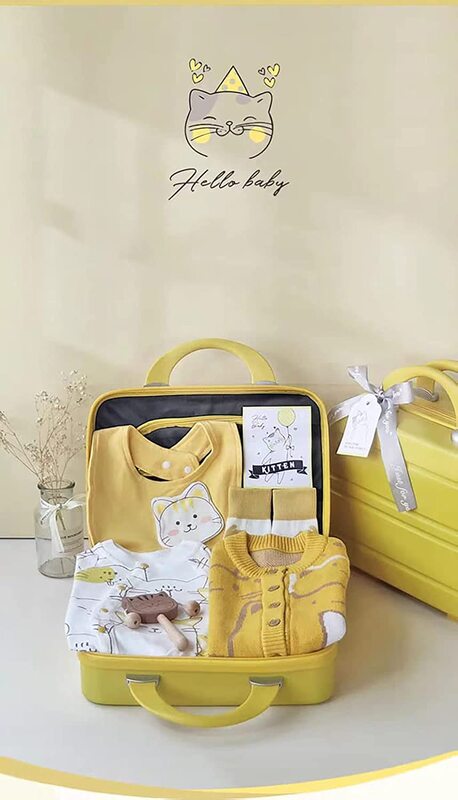 Kitten Theme Rompers and Wooden Toys in Cute Suitcase Giftset for Babies, Multicolour