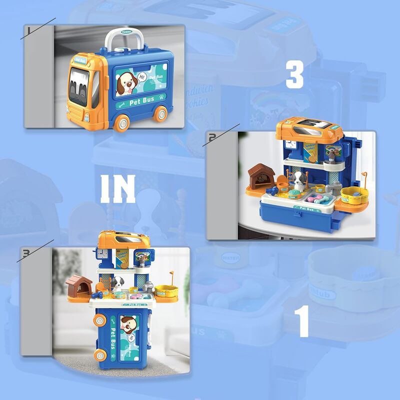 3 in 1 Petcare Playset with 32 Pcs in Bus Theme for Boys and Girls