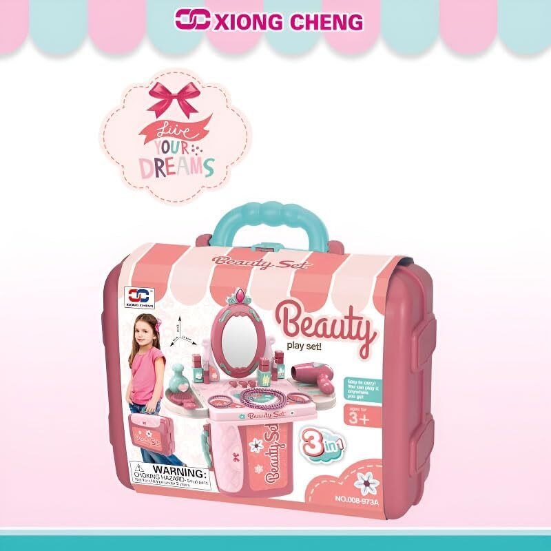 3 in 1 Pretend Beauty Dresser Vanity Makeup Play Set Pretend Playset in Suitcase for Girls