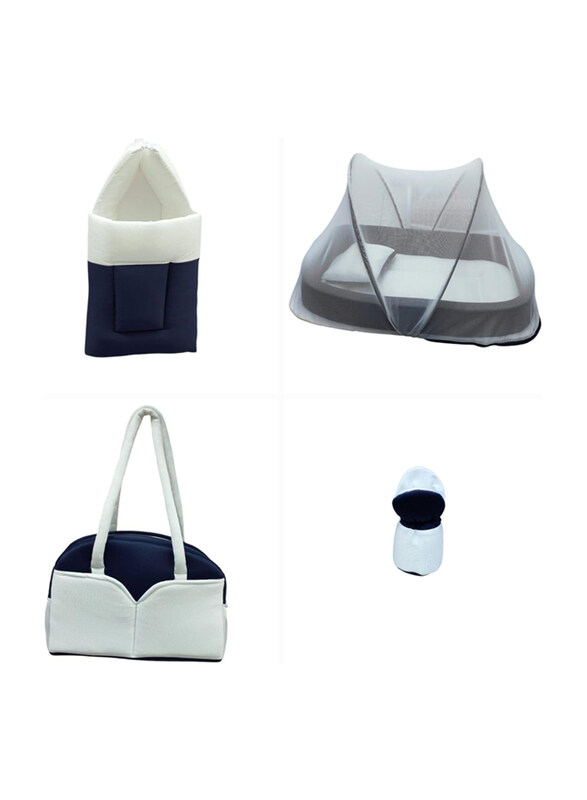 

Rikang Baby Travel Set, 4-Piece Nursery Collection with Diaper Bag, Mosquito Net, Sleeping Bag and Cap, Navy Blue/White