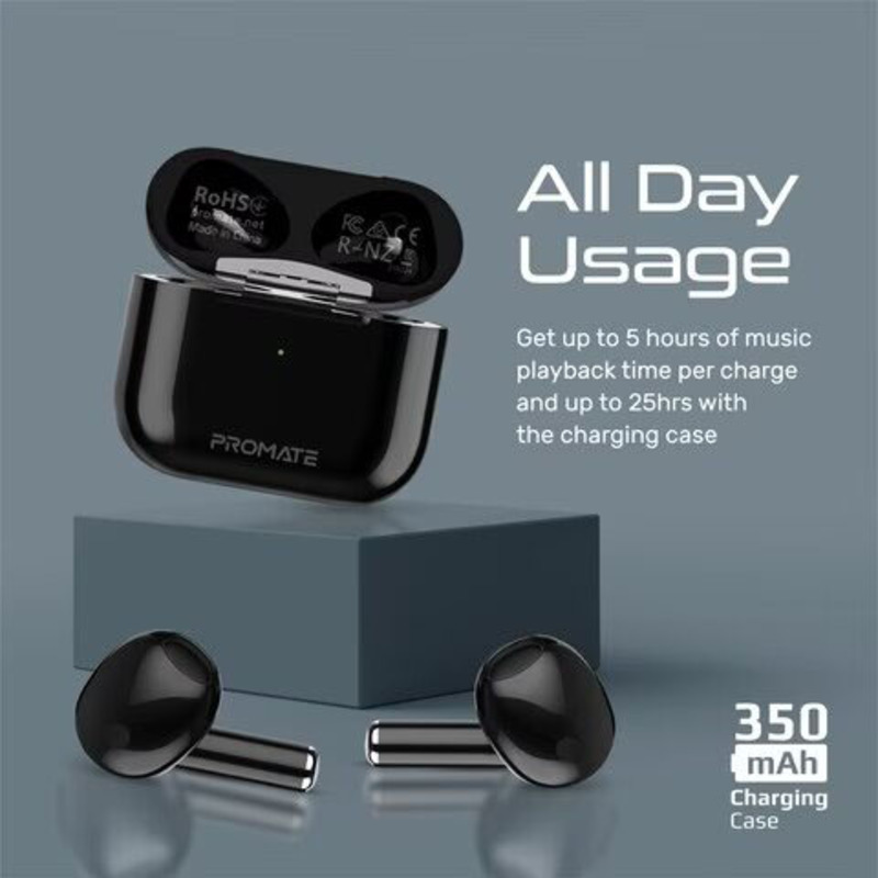 Promate Wireless / Bluetooth In-Ear Earbuds with Touch Control and Wireless Charging Case, Black