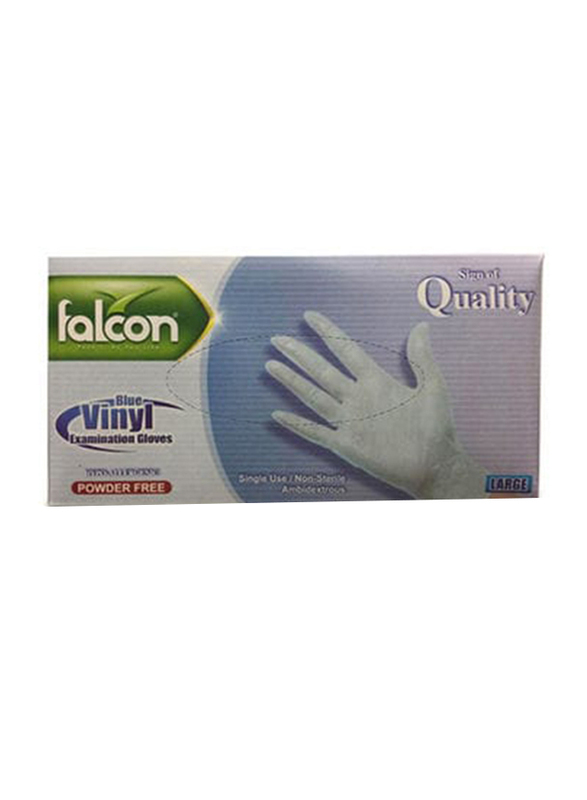 Falcon Powder Free Vinyl Examination Blue Gloves, Large, 100 Pieces