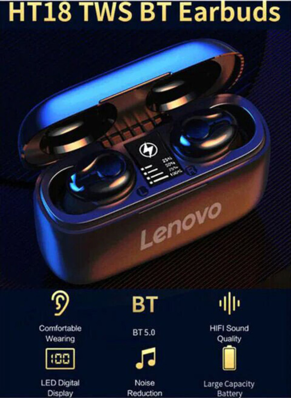 سماعات اذن لينوفو HT18 TWS لاسلكية بلوتوث بتصميم داخل الاذن وخاصية الغاء الضوضاء, أسود