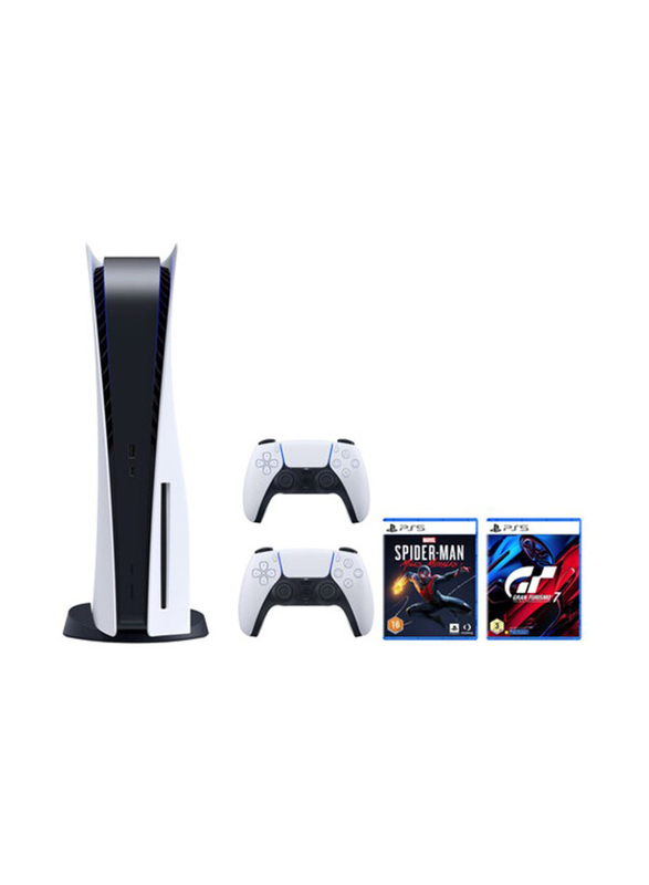 Sony PlayStation 5 Console, 825GB With Dual Sense Wireless Controllers White and 2 Games 9 (Marvel& Spider-Man: Miles Morales +Gran Turismo 7), Grey/Black