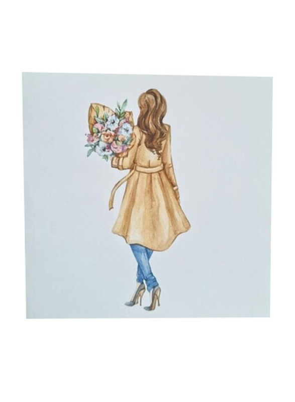 A Casual Lady in Jeans And a Camel Coat Carrying Flowers Greeting Card, Multicolour