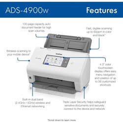 BROTHER ADS 4900W High speed Wireless Desktop Scanner Duplex A4 Document Scanner, Large 10.9cm intuitive touchscreen, Wifi, White