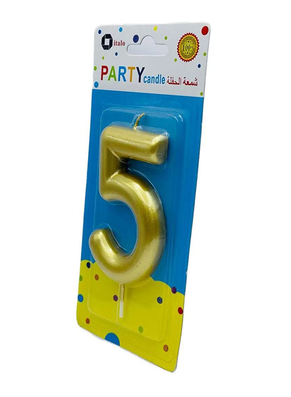 Italo Number 5 Metallic Birthday Party Candles, Ages 3+, YH284-1, Gold