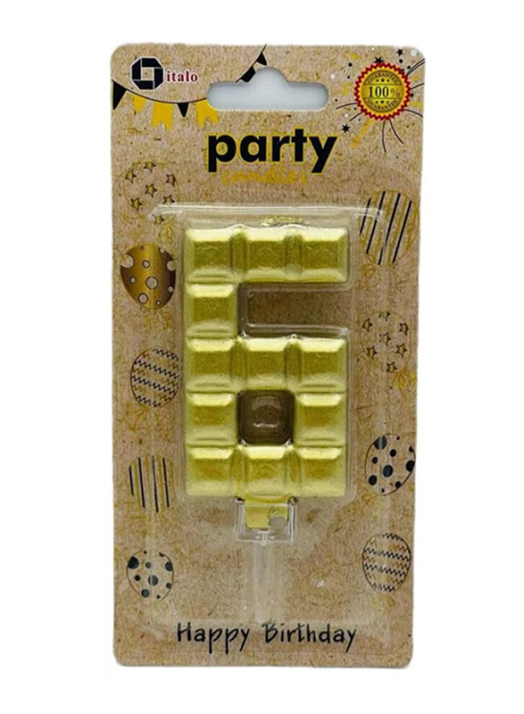 Italo Number 6 Metallic Birthday Party Candles, Ages 3+, YH266-6, Gold