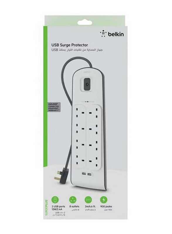 Belkin 8-Way Surge Protection Strip with 2 USB Port, White