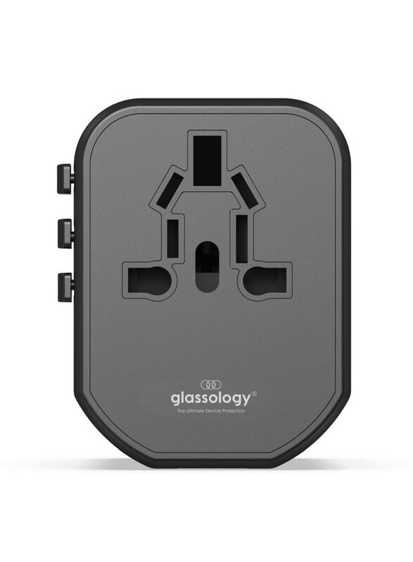 Glassology Country Specific Plug Multi Socket 8A Universal Travel Adapter, 20W Power Delivery, 2 USB Ports and 1 USB Type-C Port, Grey