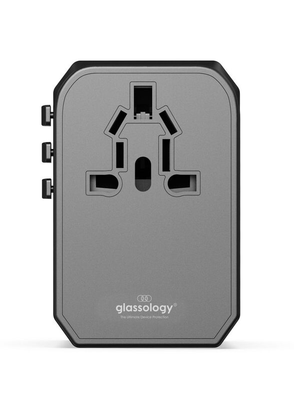 Glassology Country Specific Plug Multi Socket 8A Universal Travel Adapter, 45W Power Delivery, 3 USB Ports and 1 USB Type-C Port, Grey