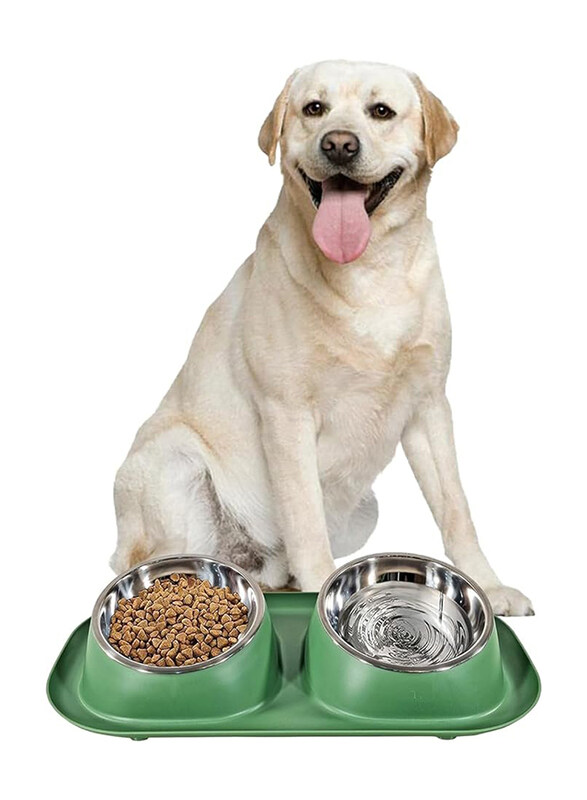 

Majibao 14cm Stainless Steel Pet Food & Water Feeder Double Bowl for Cats & Dogs, Green