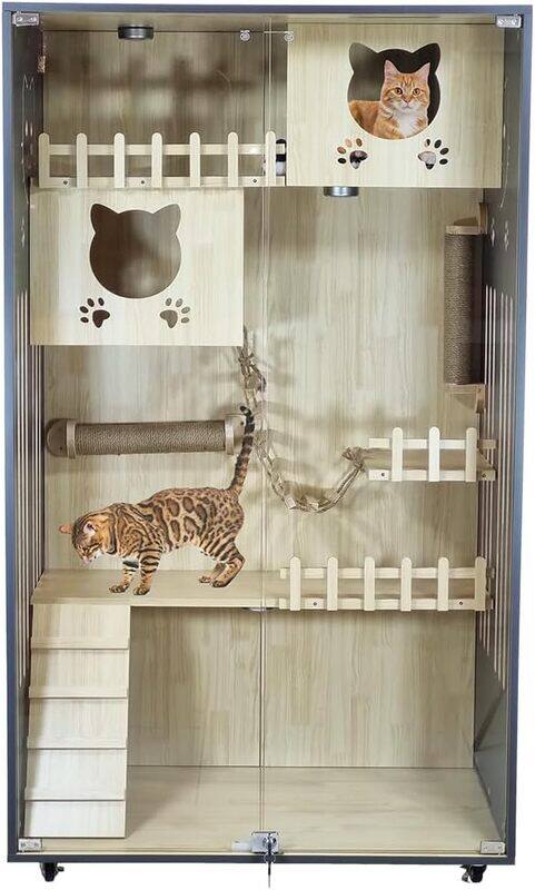 

Majibao Wooden cat house for Indoor cats, Heavy-duty cat villa with Transparent glass doors, LED lights, Double cat condos, Play area, Toilet area, Stairs, an