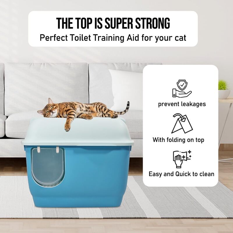 Large cat toilet with long aisle corridor style cats litter box, Fully enclosed durable cat toilet with litter scoop, Anti-Splashing, Odorless and open cover (Blue) 57 cm L