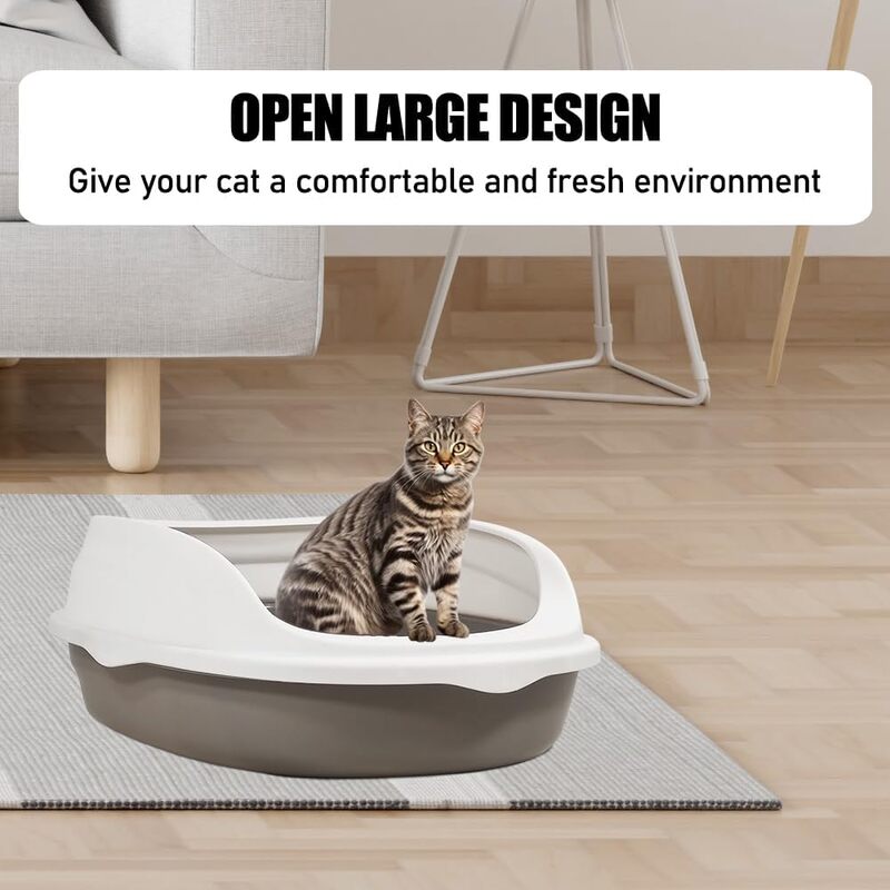 Cat litter box semi-enclosed toilet Sandbox with litter scoop, Suitable for medium and large cats, Easy to clean high side, Anti splash, Open large design 44 cm L (Gray and White Color)