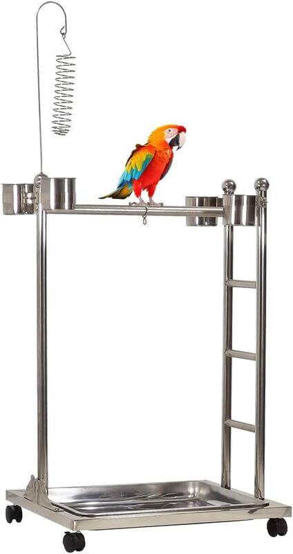 

MAJIBAO Stainless steel parrot stand with Toy hook, Feeding bowls, Removable tray, Climbing ladder, and Universal wheels, Bird Play stand suitable for medium
