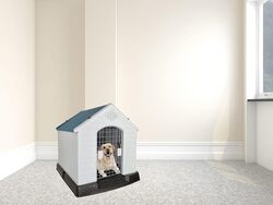 Dog House, Indoor / Outdoor Pet House, Durable Hard PP Plastic Dog House, Kennel, Beautiful design, Portable Dog Shelter, Easy to Assemble, Grey + Blue-Green mix color cage, 70 cm height