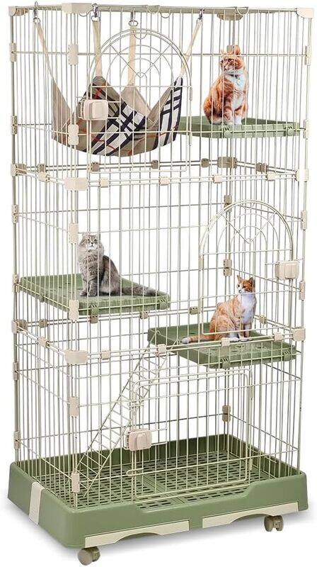 

MAJIBAO Large cat cage playpen, Cat cage for indoor or out door with 3 doors, 1 ladders, 3 platforms and 1 hammock,Wire cat cage with wheels, Green color (146