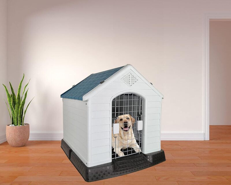 Dog House, Indoor / Outdoor Pet House, Durable Hard PP Plastic Dog House, Kennel, Beautiful design, Portable Dog Shelter, Easy to Assemble, Grey + Blue-Green mix color cage, 70 cm height