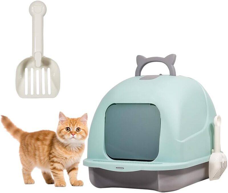 

MAJIBAO Cat litter box with handle, Fully enclosed cat litter box with front door and sand filter pedal, Odor control and prevent splashing, Detachable easy t