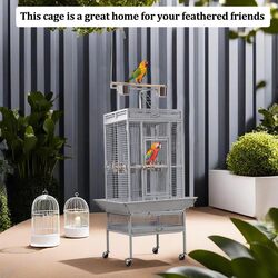 Bird cage, Wrought iron large bird cage with play top and hanging toys, Decorative parrot cage for Cockatiels, Sun conure, Lovebird, African grey parrot, 202 cm (Grey)