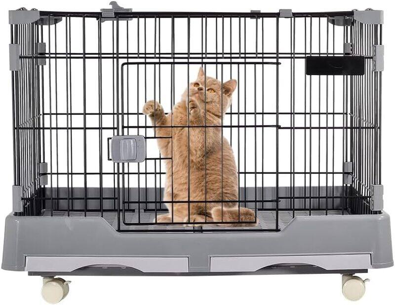 

MAJIBAO Pet cat cage, Dog and cat playpen with double door and drawer tray, Sturdy carbon steel pet cage for medium dogs and cats, Grey pet crate, 75 cm Indoo