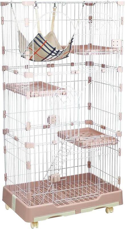 

MAJIBAO Four-Tire Wire Cat Cage with Hammock, Durable and Sturdy, Multi-layer, Large Space, Front Doors with Secure Lock, Cat Playpen with Step Ramp, Widened