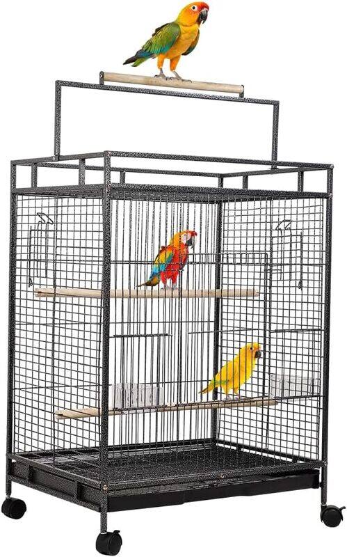 Bird cage Wrought iron with handle wooden perch, Plastic food bawls, and removable tray, Play top bird cage for Small Parrots, Lovebirds, Canaries and Budgies 95 cm (Black)