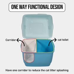 Large cat toilet with long aisle corridor style cats litter box, Fully enclosed durable cat toilet with litter scoop, Anti-Splashing, Odorless and open cover (Blue) 57 cm L