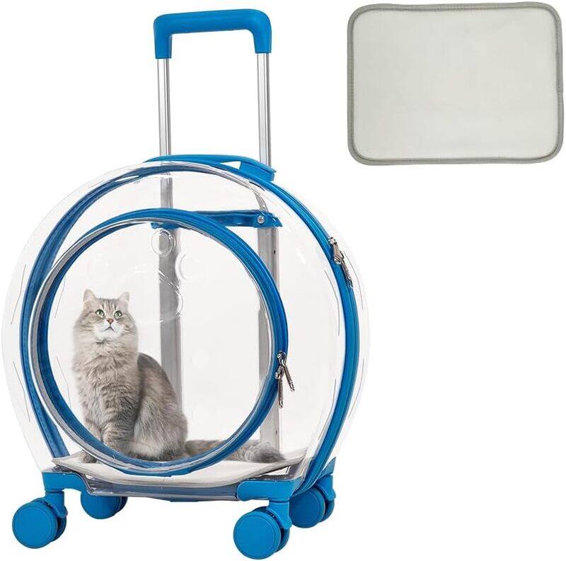 

MAJIBAO Pet carrier bag with 1 mat, Portable transparent capsule pet bag with wheel, Travel trolley for puppies dogs and cat carriers, Blue pet transport lugg