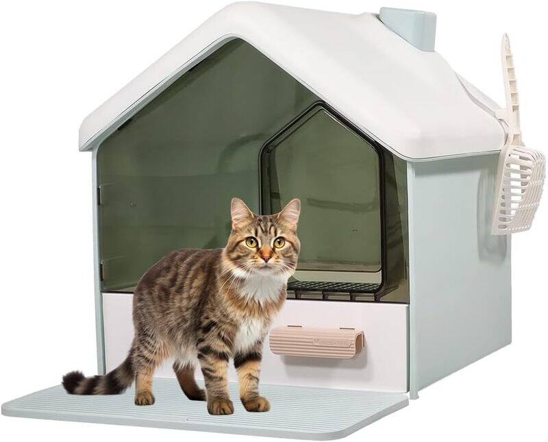 

MAJIBAO Modern house cat litter box, Fully enclosed drawer type odor-resistant and splash-proof , Transparent cat litter box with shovel and sanitary mat (Gre