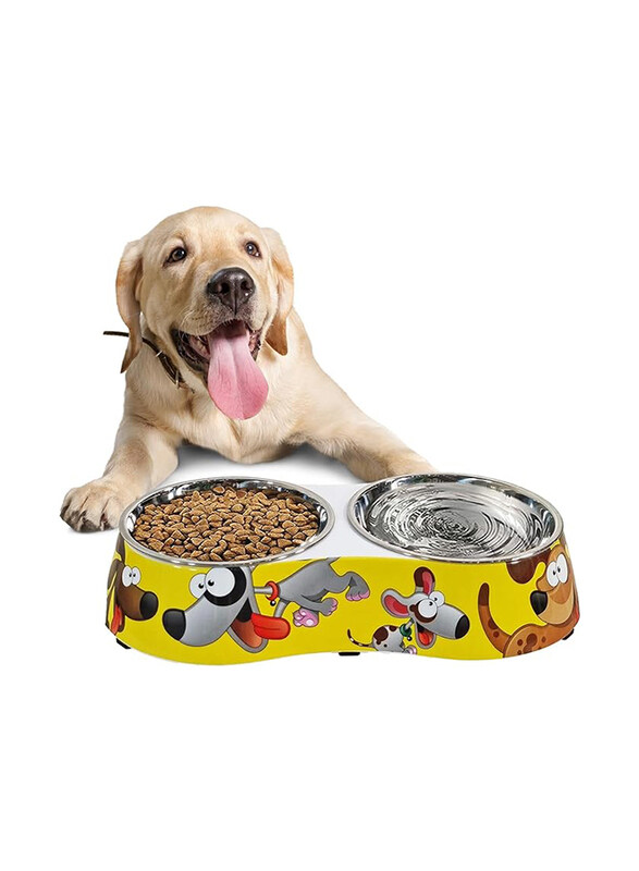 

Majibao 14cm Stainless Steel Pet Food & Water Feeder Double Bowls for Dogs, Normal, Yellow
