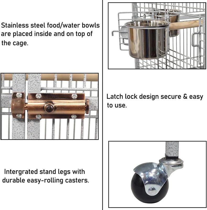 Bird cage, Wrought iron large bird cage with play top and hanging toys, Decorative parrot cage for Cockatiels, Sun conure, Lovebird, African grey parrot, 202 cm (Grey)