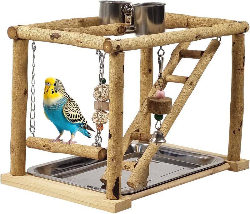

Majibao Wood bird perch stand with Swinging perch, Stainless steel bowls, Climbing ladder, Hanging toys, and Removable tray, Durable bird training perch for S