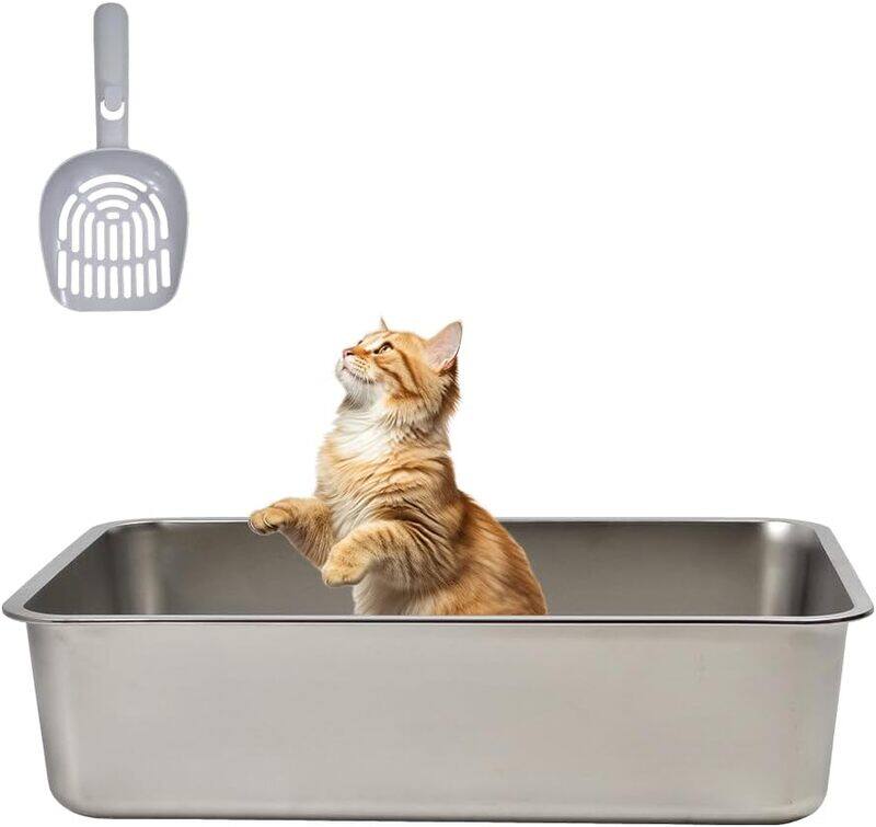 

MAJIBAO Deep litter tray rectangle stainless Steel cat litter box, Spacious metal litter pan, Portable and durable Sandbox for medium large cats, Keep litter