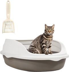 Cat litter box semi-enclosed toilet Sandbox with litter scoop, Suitable for medium and large cats, Easy to clean high side, Anti splash, Open large design 44 cm L (Gray and White Color)