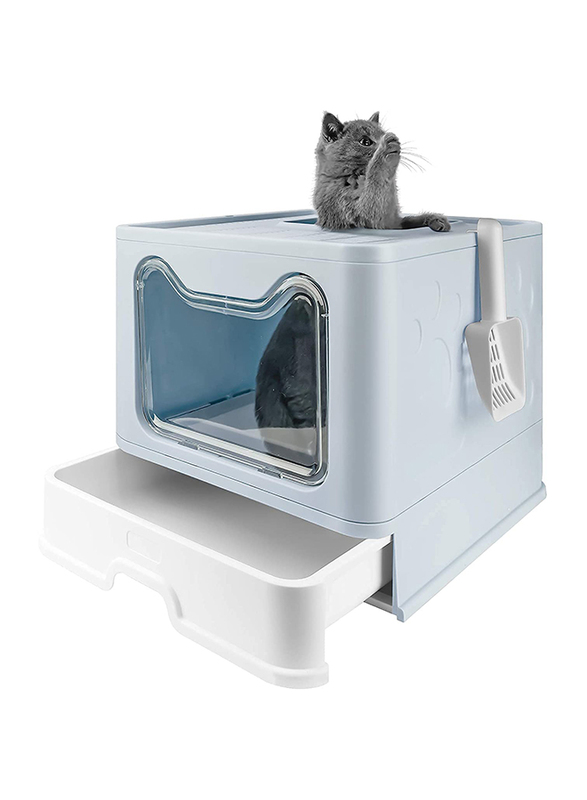 Foldable Cat Litter Box with Lid and Scoop, X-Large, Blue