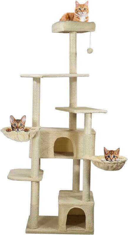 

MAJIBAO Cat scratching tree with Plush perch, Dangling ball, Multiple platforms, Double hammock, and Double condos, Multi-level cat tower activity cen