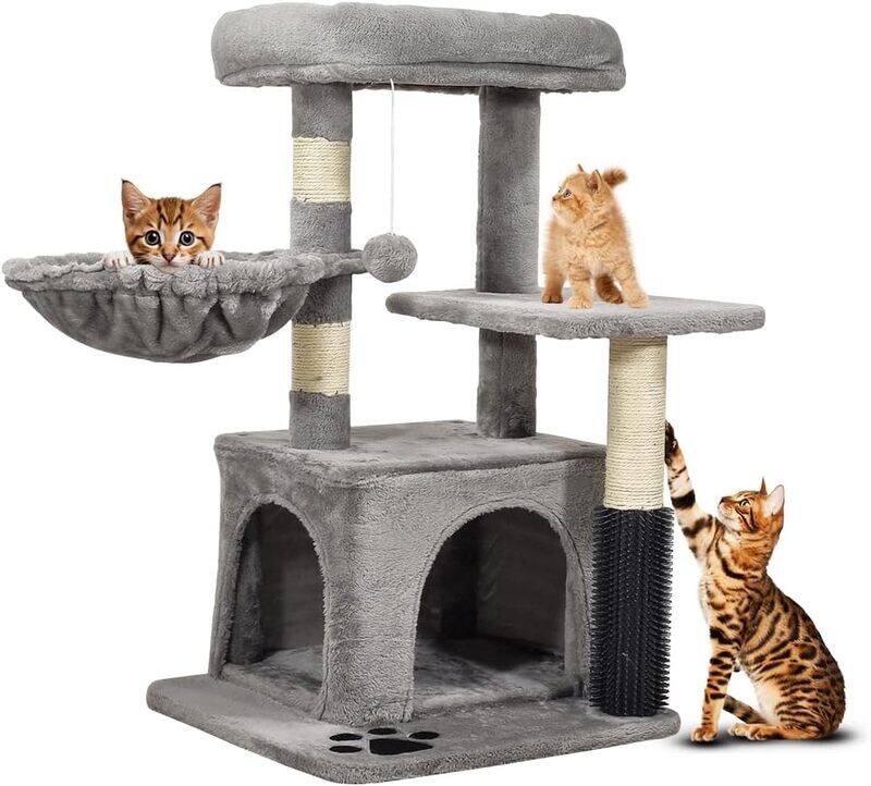 

MAJIBAO Cat tree tower for small indoor cats, Cat tree scratching post with cat self-groomer brush, Plush perch, Cozy hammock, Hanging ball, and Double-entran