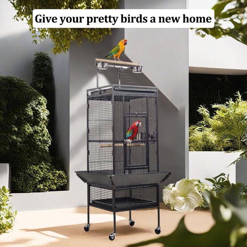 Bird cage with top playing area and birds accessories, Bird toy for Parakeet, Parrot, Lovebirds, Pigeons, Cockatiels, Macaw, Durable frame with perch stand and wheels. Black (154cm)