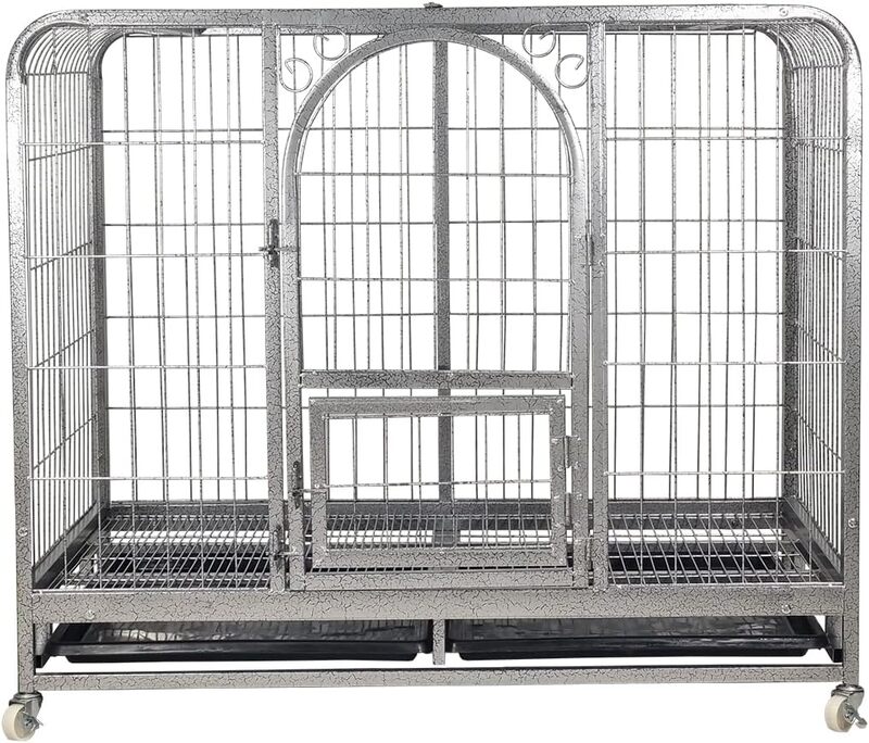 Large dog cage with metal frame, Durable and strong, Bottom tray and Moveable, Top cover design, Front door with feeding access, Indoor & Outdoor use, Suitable for small and medium dogs.