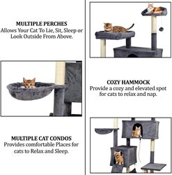 MAJIBAO Cat tree activity center for indoor cats, Multi-level cat tree tower with Sisal scratching post, Multiple perches, Dangling ball, 2 cat condos, Cozy hammock, and Ladder 180 cm (Dark-grey)