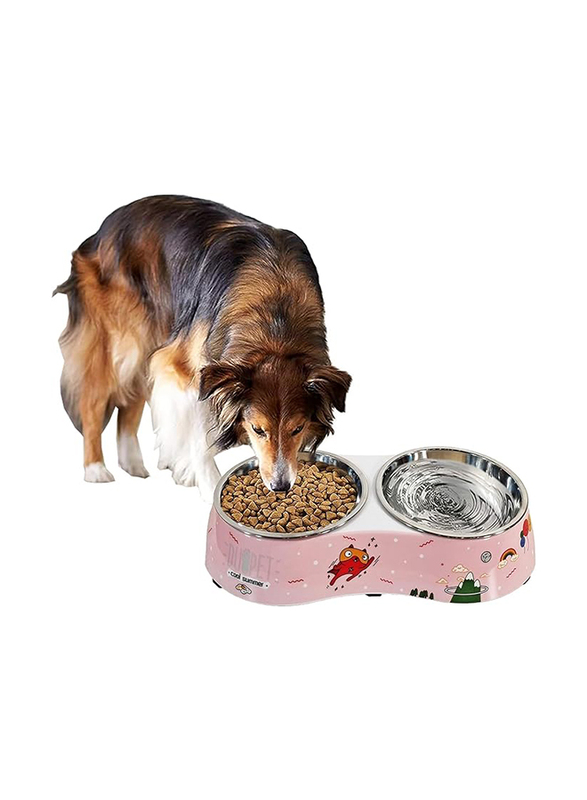 

Majibao 14cm Stainless Steel Pet Food & Water Feeder Double Bowl for Dogs, Normal, Pink